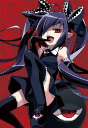  ahoge armpits backbeako_(torotei) backbeard bad_id bad_pixiv_id black_footwear black_hair black_ribbon black_thighhighs dress elbow_gloves fangs female flat_chest foot_out_of_frame gegege_no_kitarou gloves hair_over_one_eye hair_ribbon long_hair looking_at_viewer makuro ojou-sama_pose original pointy_ears red_background red_eyes ribbon shoes simple_background sleeveless sleeveless_dress solo teeth thighhighs twintails upper_teeth_only very_long_hair zettai_ryouiki 