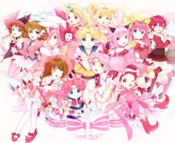  1990s_(style) 6+girls ;d ai_tenshi_densetsu_wedding_peach bishoujo_senshi_sailor_moon bishoujo_senshi_sailor_moon_stars blue_sailor_collar blue_skirt boots bow brooch cardcaptor_sakura chibi_chibi chibi_usa color_connection commentary_request cone_hair_bun corrector_yui crescent crescent_facial_mark crossover di_gi_charat eternal_sailor_moon facial_mark fuuin_no_tsue hair_bun hanasaki_momoko harukaze_doremi hat heart heart_brooch heart_hair_bun jewelry kasuga_yui kinomoto_sakura kinomoto_sakura_(magic_dream_costume) magic_knight_rayearth magical_girl mahou_tsukai_tai! mermaid_melody_pichi_pichi_pitch momomiya_ichigo momoshiki_tsubaki multiple_crossover multiple_girls nanami_lucia nanami_lucia_(idol) ojamajo_doremi one_eye_closed open_mouth pink_bow pink_footwear pink_hat pink_legwear pink_shirt pink_theme princess_silver red_bow retro_artstyle sailor_chibi_chibi sailor_chibi_moon sailor_collar sailor_moon sailor_senshi_uniform sawanoguchi_sae shidou_hikaru shirt skirt smile super_sailor_chibi_moon tokyo_mew_mew training_tap tsukino_usagi usada_hikaru wedding_peach white_background wing_brooch yellow_bow yume_no_crayon_oukoku 