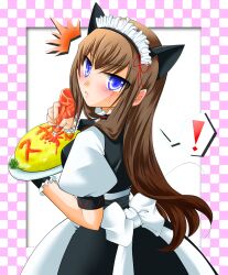  ! alternate_costume blue_eyes blush brown_hair commentary_request female food food_writing highres ketchup long_hair looking_back maid_headdress makise_kurisu omelet omurice photoshop_(medium) saionji_lettuce solo steins;gate waitress 