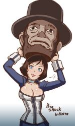  :3 abraham_lincoln animification arms_up beard bioshock_(series) bioshock_infinite blue_eyes body_blush breasts breath butcha-u cleavage commentary_request copyright_name cropped_jacket elizabeth_(bioshock_infinite) facial_hair female gradient_background hat head_tilt holding holding_mascot_head jacket large_breasts lipstick looking_at_viewer makeup mascot_head parted_bangs photoshop_(medium) short_hair smile solo sweatdrop top_hat upper_body 