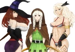  3girls abs amazon_(dragon&#039;s_crown) artist_request ass bikini breasts cleavage dragon&#039;s_crown elf_(dragon&#039;s_crown) hat hat_over_one_eye highres hood huge_breasts large_breasts madarame multiple_girls muscle pointy_ears smile sorceress_(dragon&#039;s_crown) swimsuit vanillaware 