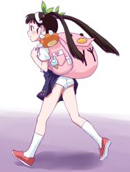  akutagawa_manbou backpack bag bakemonogatari black_hair commentary_request female frilled_panties frills hachikuji_mayoi hair_ribbon hairband long_hair monogatari_(series) panties profile red_eyes ribbon skirt socks solo twintails underwear walking white_panties white_socks 