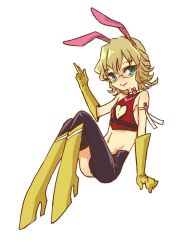  1boy animal_ears bad_id bad_pixiv_id bare_shoulders barnaby_brooks_jr. blonde_hair boots chibi cleavage_cutout clothing_cutout cosplay crossdressing cutie_honey cutie_honey_(character) cutie_honey_(character)_(cosplay) elbow_gloves glasses gloves green_eyes heart heart_cutout high_heels male_focus midriff rabbit_ears shoes simple_background solo tiger_&amp;_bunny white_background ymsr 