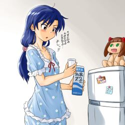  amami_haruka bad_id bad_pixiv_id blue_hair blush brown_eyes cameo female glass idolmaster idolmaster_(classic) kisaragi_chihaya long_hair magnet milk milk_carton nonowa open_mouth pajamas photo_(object) ponytail punto refrigerator refrigerator_magnet solo takatsuki_yayoi translated 