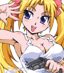  bad_id blonde_hair blue_eyes borrowed_character breasts cleavage cum female hair_ribbon kamisimo_90 large_breasts long_hair lowres oekaki one_eye_closed original purple_eyes ribbon shenrin-chan solo tank_top 