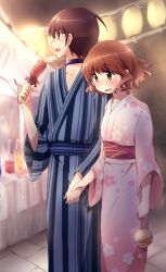  1boy blue_kimono brown_eyes brown_hair choker commentary_request eating female festival floral_print food glasses holding_hands ikayaki ikoma_minami japanese_clothes kami_nomi_zo_shiru_sekai katsuragi_keima kimono lantern night nyaa_(nnekoron) open_mouth pink_kimono print_kimono smile squid striped_clothes striped_kimono vertical-striped_clothes vertical-striped_kimono wavy_hair yukata 