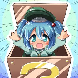  ?_block bad_id bad_pixiv_id blue_eyes blue_hair blush_stickers box chibi commentary_request female hair_bobbles hair_ornament happy hat in_box in_container jinnouchi_akira kawashiro_nitori key object_on_head saucer solo touhou two_side_up 