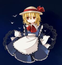  apron bad_id bad_pixiv_id black_background blonde_hair blue_background commentary_request dress female frilled_apron frills hat kana_anaberal looking_to_the_side lowres no_nose puffy_sleeves red_eyes red_ribbon ribbon short_hair simple_background solo touhou touhou_(pc-98) white_hat yan_(bosetsu) 