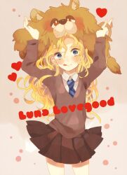  :q bad_id bad_pixiv_id blonde_hair blush female harry_potter_(series) heart hogwarts_school_uniform lion lion_hat long_hair luna_lovegood miyako_(xxxbibit) necktie pelt photoshop_(medium) ravenclaw school_uniform skirt solo tongue tongue_out wizarding_world 