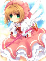  bad_id bad_pixiv_id blush brown_hair cardcaptor_sakura female frills fuuin_no_tsue gathers glove_bow gloves green_eyes hat kinomoto_sakura kinomoto_sakura_(magic_dream_costume) magical_girl pink_hat short_hair single_wing skirt solo tokira_nozumi wand white_gloves wings 