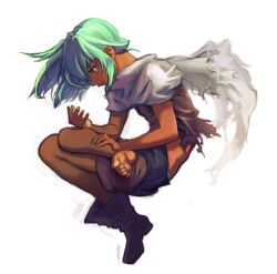  bad_id bad_pixiv_id bare_legs barefoot boots dark-skinned_female dark_skin emerada_(xenogears) expressionless female from_side full_body green_hair invisible_(midnightplusone) looking_at_hand looking_down midriff no_socks profile scarf shirt shoes short_hair simple_background single_boot single_shoe skirt solo toes torn_clothes torn_shirt white_background white_scarf xenogears yellow_eyes 