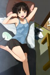  :d amagami armpits bare_legs barefoot bed brown_eyes brown_hair chemise clothes_on_floor feet feline female flat_chest hand_fan highres legs long_legs lying official_art on_back open_mouth paper_fan photoshop_(medium) pillow short_hair skirt smile solo table tachibana_miya takayama_kisai tatami uchiwa 