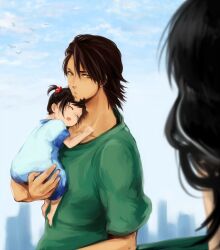  1boy 2girls aged_down baby bad_id bad_pixiv_id brown_eyes brown_hair carrying child_carry drooling facial_hair father_and_daughter goatee hair_bobbles hair_ornament highres kaburagi_kaede kaburagi_t._kotetsu kaburagi_tomoe mochi_mocchi multiple_girls short_hair side_ponytail sleeping tiger_&amp;_bunny 