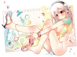  anklet bad_id bad_pixiv_id barefoot beads blush bracelet breasts chains cleavage crop_top female front-tie_top headphones high_heels jewelry large_breasts long_hair midriff nitroplus pink_hair red_eyes sandals shirt shoes single_shoe sodapop_(iemaki) solo super_sonico tied_shirt untied 