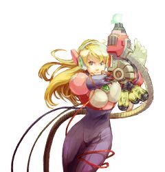  alia_(mega_man) armor blonde_hair blue_eyes breasts cable ckotnha commentary_request female gun headband highres large_breasts long_hair mega_man_(series) mega_man_x_(series) robot robot_ears solo transparent_background weapon 