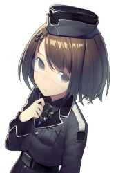  bad_link belt brown_eyes brown_hair cross dai_(series) daiteikoku ermi_doenitz female garrison_cap glasses hair_ornament hat iron_cross kanjy00u military military_uniform short_hair simple_background solo uniform 