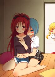  3girls arrow_(symbol) bad_id bad_pixiv_id barefoot belly_rub blonde_hair blood blue_eyes blue_hair blush blush_stickers dress_shirt drill_hair female_pervert hair_ornament hair_ribbon jewelry jing_hu long_hair mahou_shoujo_madoka_magica mahou_shoujo_madoka_magica_(anime) midriff miki_sayaka multiple_girls navel nosebleed oerba_yun_fang open_mouth peeking_out pervert photoshop_(medium) red_eyes red_hair ribbon ring sakura_kyoko school_uniform shirt short_hair shorts sitting skirt tomoe_mami touching yellow_eyes yuri 