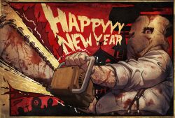  blood chainsaw commentary_request dr._salvador english_text katou_teppei mask new_year red_eyes resident_evil solo suspenders 