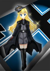  blonde_hair blue_eyes boots commentary_request dai_(series) daiteikoku female flag gloves hat highres long_hair military military_uniform misaru_(poiu161) nazi peaked_cap retia_adolf solo uniform 