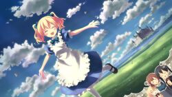  3girls :&gt; :d =_= alice_cartelet apron blonde_hair book castle closed_eyes cloud day dress field highres imagining inokuma_youko kin-iro_mosaic komichi_aya lone_nape_hair maid multiple_girls open_mouth outstretched_arms sky smile spread_arms thought_bubble twintails yuuki_tatsuya 