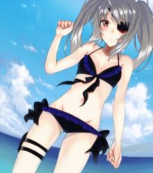  bikini billion_(billion0103) blush cloud commentary_request day dutch_angle eyepatch female front-tie_top grey_hair groin halterneck infinite_stratos laura_bodewig lowleg lowleg_bikini navel ocean red_eyes side-tie_bikini_bottom sky solo swimsuit thigh_strap twintails 