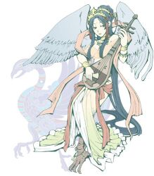  anklet bird bird_legs biwa_lute black_hair chimera chinese_clothes commentary_request female hair_ornament instrument jewelry kalavinka lowres lute_(instrument) original osanai_satoru solo wings 