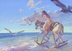  acrylic_paint_(medium) animal barefoot beach bird cloud commentary_request day female from_behind horse horseback_riding long_skirt ocean original outdoors painting_(medium) photoshop_(medium) poten riding rocking_horse shoes single_shoe skirt sky solo traditional_media water waves 