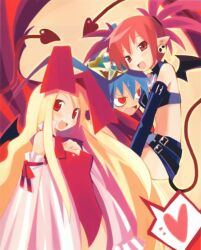  1boy 2girls blonde_hair blue_hair choker crown demon_boy demon_girl demon_tail disgaea etna_(disgaea) fallen_angel flonne flonne_(fallen_angel) happy heart jewelry laharl leotard multiple_girls official_art pointy_ears red_eyes red_leotard ribbon scan scarf sweat tail twintails wings yamamoto_keiji 