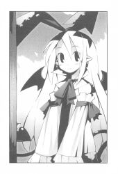  disgaea earrings fallen_angel female flonne flonne_(fallen_angel) greyscale highres jewelry long_hair monochrome pointy_ears ribbon scan sky smile solo tail wings yamamoto_keiji 