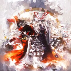  2girls ascot blonde_hair bow brown_hair commentary_request detached_sleeves dress flower hair_tubes hairbow hakurei_reimu hand_in_own_hair hat iori_yakatabako long_hair multiple_girls ofuda photoshop_(medium) purple_dress red_dress touhou yakumo_yukari yin_yang yin_yang_print 