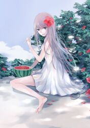  barefoot cloud commentary_request day dress female flower food fruit fruit_cup full_body hair_flower hair_ornament highres leaf original outdoors petals pink_hair sitting sky smile solo spoon sundress wariza watermelon white_dress yu_(kongxiang) 