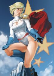  animification ataruman blonde_hair blue_eyes boots breasts cape cleavage cleavage_cutout clothing_cutout commentary_request dc_comics female gloves highleg highleg_leotard highres leotard medium_breasts parted_lips photoshop_(medium) power_girl short_hair sleeved_leotard solo star_(symbol) superman_(series) 