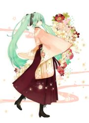  aqua_eyes aqua_hair black_footwear boots brown_hakama commentary_request female floral_background flower from_side full_body hair_ribbon hakama hakama_skirt hatsune_miku japanese_clothes kimono long_hair meiji_schoolgirl_uniform outstretched_arm ribbon skirt solo twintails vocaloid yuujima 