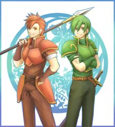  2boys abel_(fire_emblem) armor bad_id bad_pixiv_id belt cain_(fire_emblem:_shadow_dragon) crossed_arms fingerless_gloves fire_emblem fire_emblem:_mystery_of_the_emblem fire_emblem:_shadow_dragon_and_the_blade_of_light gloves green_armor green_eyes green_hair hand_on_own_hip male_focus multiple_boys polearm red_eyes red_hair spear sword weapon yoshiyanmisoko 