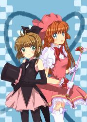  2girls black_gloves black_legwear blue_background blue_eyes brown_hair cardcaptor_sakura commentary_request cosplay costume_switch crossover dress fuuin_no_tsue glove_bow gloves green_eyes haneoka_meimi hat kaitou_saint_tail kinomoto_sakura kinomoto_sakura_(cosplay) kinomoto_sakura_(magic_dream_costume) long_hair magical_girl multiple_girls orange_hair pantyhose pink_hat saint_tail saint_tail_(cosplay) sedan short_hair thighhighs top_hat wand white_gloves white_legwear 