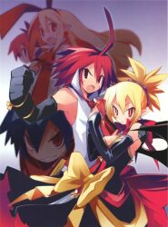  2boys 3girls adell_(disgaea) ahoge blonde_hair bow bright_pupils demon_boy demon_girl disgaea dress elbow_gloves etna_(disgaea) everyone fallen_angel flonne flonne_(fallen_angel) gloves gun laharl long_hair makai_senki_disgaea_2 multiple_boys multiple_girls necktie pink_hair ponytail red_hair rozalin scan scar short_hair slit_pupils smile strapless strapless_dress weapon wings yamamoto_keiji yellow_bow 