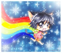  animal_ears black_eyes black_hair cat_ears cat_tail chibi commentary_request copyright_request feline female meme nyan_cat oerba_yun_fang oliko personification photoshop_(medium) rainbow solo tail 