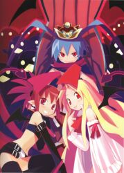  1boy 2girls crown demon_boy demon_girl demon_tail disgaea etna_(disgaea) fallen_angel flonne flonne_(fallen_angel) gloves laharl multiple_girls official_art prinny red_eyes red_hair ribbon scan scarf smile tail tongue twintails wings yamamoto_keiji 