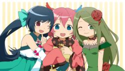  3girls bare_shoulders black_hair blue_eyes blue_hair bow charlotte_(madoka_magica) commentary_request detached_sleeves dress flower gertrud_(madoka_magica) green_hair h.n.elly_(kirsten) hair_ornament hairbow long_hair magical_girl mahou_shoujo_madoka_magica mahou_shoujo_madoka_magica_(anime) multiple_girls one_eye_closed personification pink_hair red_eyes rose short_hair sleeves_past_wrists twintails yunare 