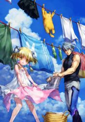  1boy :d bare_arms bare_shoulders basket black_shirt black_skirt blanket blonde_hair blue_sky blush closed_mouth cloud commentary_request day dress female green_legwear green_shirt grey_hair grey_pants hair_ornament highres holding irui_guneden laundry lolicon long_hair looking_at_viewer muscular muscular_male nakamura_kanko open_mouth outdoors pants pleated_skirt sanger_zonvolt shirt short_sleeves short_twintails skirt sky sleeveless sleeveless_dress sleeveless_shirt smile socks stuffed_animal stuffed_cat stuffed_toy sundress super_robot_wars twintails white_dress yellow_eyes 