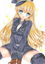  bad_id bad_pixiv_id blonde_hair blue_eyes blush boots colored_pencil_(medium) dai_(series) daiteikoku female gloves hat long_hair marker_(medium) military military_uniform open_mouth peaked_cap photoshop_(medium) retia_adolf shira_ichigo_(ichigohou) simple_background solo sparkle thigh_boots thighhighs traditional_media uniform v_arms 