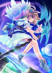  animal_ears between_thighs blue_eyes brown_hair commentary_request dutch_angle female floating flower hair_flower hair_ornament highres landscape multiple_moons night night_sky original photoshop_(medium) sky solo star_(sky) starry_sky sun sunrise sword tenmaso weapon 