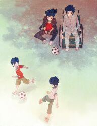  2boys aged_down bad_id bad_pixiv_id ball blue_hair bracelet brothers cloak highres inazuma_eleven_(series) inazuma_eleven_go jewelry male_focus mole mole_under_mouth multiple_boys okazaki_oka playing_sports siblings sitting soccer soccer_ball spiked_bracelet spikes telstar tsurugi_kyousuke tsurugi_yuuichi wheelchair yellow_eyes 