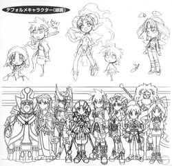  3girls 6+boys chibi concept_art elena_(grandia) everyone grandia grandia_ii kanoe_youshi mareg_(grandia) melfice_(grandia) millenia_(grandia) multiple_boys multiple_girls official_art roan_(grandia) ryudo_(grandia) selene_(grandia) tio_(grandia) zera_innocentius 