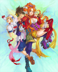  1boy 2girls blonde_hair blue_footwear boots breasts brown_eyes cleavage corset elena_(grandia) grandia grandia_ii green_eyes jacket knee_boots large_breasts long_hair millenia_(grandia) multiple_girls photoshop_(medium) red_hair rpgamer ryudo_(grandia) thighhighs 