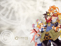  1boy 2girls abs bandages character_name copyright_name elena_(grandia) grandia grandia_ii holding_another&#039;s_arm kanoe_youshi millenia_(grandia) multiple_girls official_art one_eye_closed ryudo_(grandia) third-party_edit 