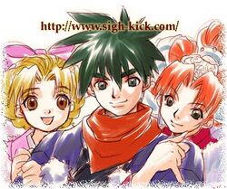  1boy 2girls blonde_hair brown_eyes elena_(grandia) grandia grandia_ii green_eyes kanoe_youshi lowres millenia_(grandia) multiple_girls red_hair ryudo_(grandia) 