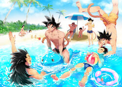  6+boys :o abs alcohol aqua_male_swimwear ball bardock beach beachball beer beer_mug black_hair black_male_swimwear blue_male_swimwear closed_mouth cloud cloudy_sky cup dark-skinned_male dark_skin day dragon_ball dragon_ball_z female food holding holding_food inflatable_dolphin inflatable_toy innertube kakipiinu king_vegeta long_hair looking_at_another male_focus male_swimwear monkey_tail mug multiple_boys muscular muscular_male navel one_eye_closed open_mouth orange_male_swimwear outdoors partially_submerged pectorals raditz saiyan seripa short_hair sky smile son_goku spiked_hair summer swim_briefs swim_ring swimsuit tail tarble thighs toma_(dragon_ball) topless_male tullece vegeta water 