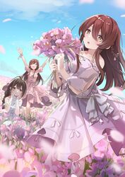  3girls ahoge alstroemeria_(flower) alstroemeria_(idolmaster) arms_up bare_shoulders blue_sky blurry blurry_foreground blush bouquet braid brown_eyes brown_hair closed_eyes collarbone commentary day dress field flower flower_field hair_ribbon holding holding_bouquet holding_flower idolmaster idolmaster_shiny_colors kuwayama_chiyuki long_hair multiple_girls name_connection natsuki_(gedo) object_namesake open_mouth osaki_amana osaki_tenka outdoors petals pink_dress pink_flower purple_flower ribbon sky smile squatting standing white_dress yellow_eyes 