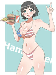  american_flag american_flag_bikini american_flag_print bikini black_hair bob_cut breasts burger cup female flag_print food green_eyes hair_ornament hairclip highres kagemusha kirigaya_suguha large_breasts looking_at_viewer navel print_bikini print_swimsuit shiny_skin short_hair solo standing swimsuit sword_art_online 